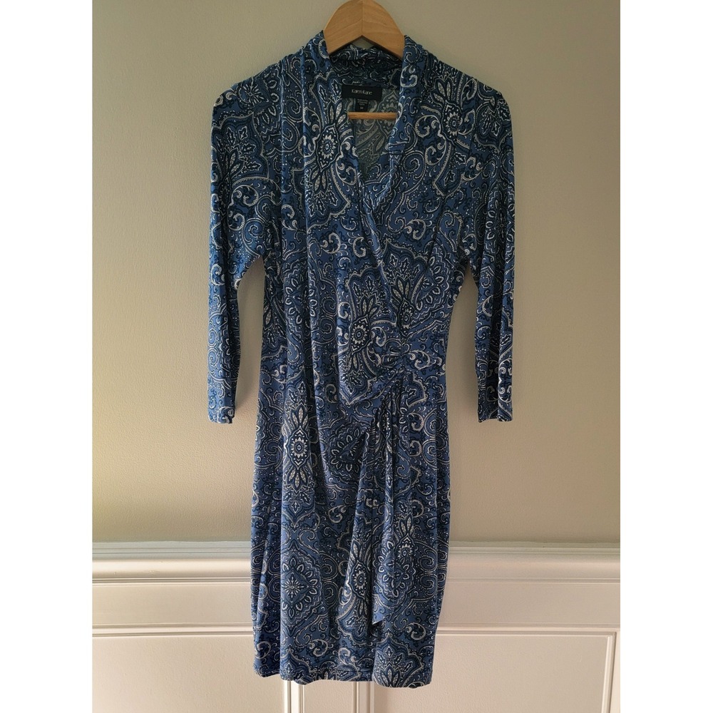 Karen Kane Blue Paisley Faux Wrap Dress Side Ruched V-Neck 3/4 Sleeve Size M